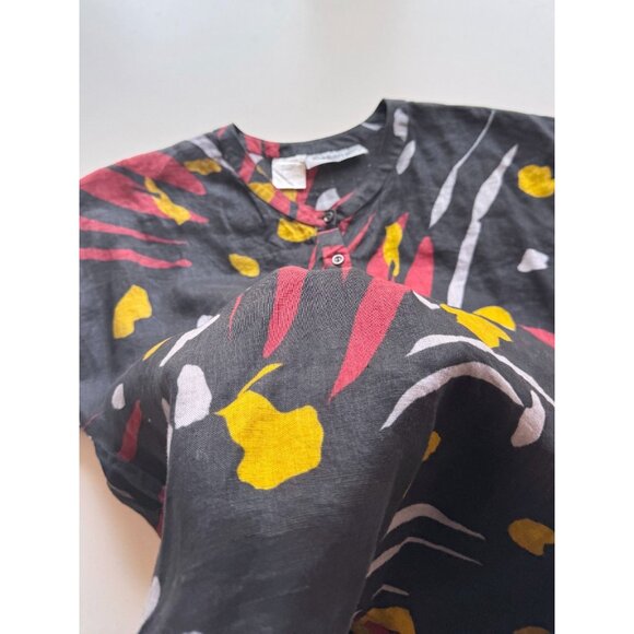 Vintage 90's THE IRISH SHOP Black Printed Linen T-Shirt Henley Blouse, Size 14 - Picture 9 of 11